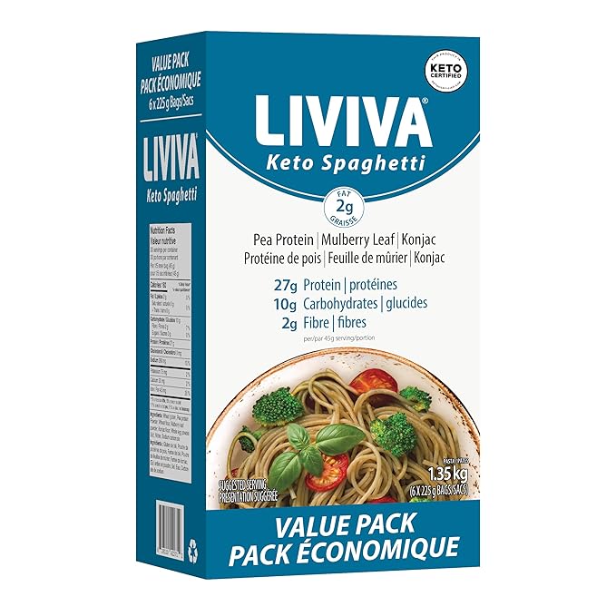 LIVIVA Low Carb High Protein KETO Value Pack Spaghetti Noodle Pasta 6 Pk – 135 g Protein per Box with Pea Protein &amp Konjac Flour - 8g Net Carbs Diabetic-Friendly - Healthy Al Dente Pasta (6 Pack