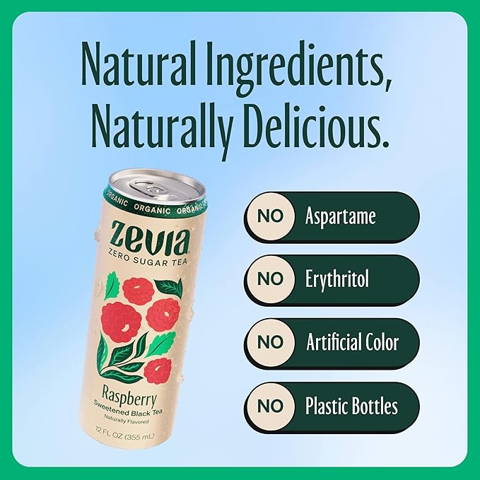 Zevia Zero Sugar Tea Black Tea with Raspberry 12 oz Cans (12-Pack) – Naturally Sweetened Zero Calorie Sugar Free - Non-GMO Project Verified Gluten-Free Vegan