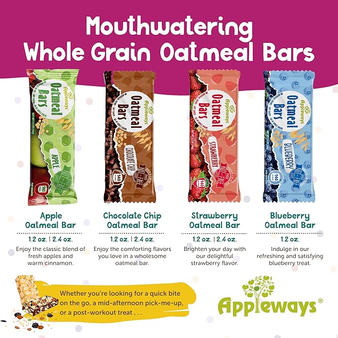 Appleways Apple Oatmeal Bars 2.4 oz 160 Count - Individually Wrapped Whole Grain Soft Baked Oat Snack Bars Healthy and Nut-Free Breakfast Bar Snacks for On the Go Made in USA (24 lbs Total)
