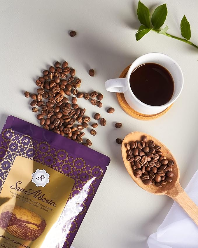 San Alberto Colombian Coffee Dark Roast Whole Bean Single Origin Specialty 100% Arabica Sweet Bold Aroma Vanilla Caramel Chocolate Notes Resealable Bag for Espresso French Press Drip Filter Beans 12oz