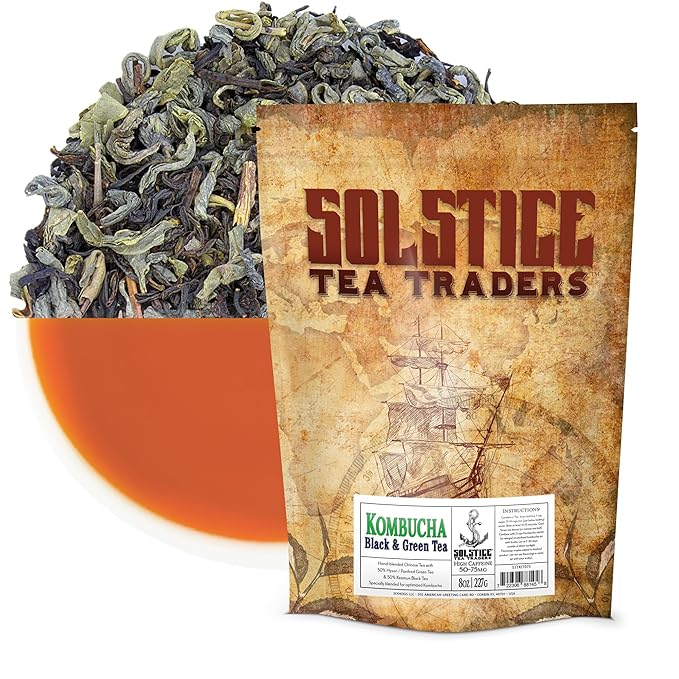 Solstice Kombucha Loose Leaf Black and Green Tea 50/50 Blend Keemun Black &amp China Young Hyson Green Tea for Brewing Kombucha (8-Oz Total)