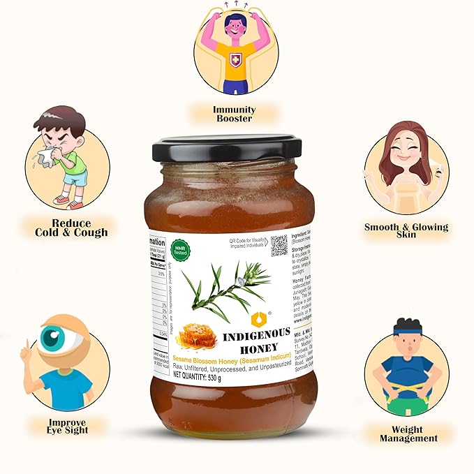 INDIGENOUS HONEY Sesame Til Honey Raw Organic Natural Pure Unprocessed NMR Tested Unpasteurized Unheated 530g Glass Jar Pack of 1