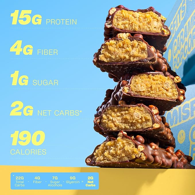 Misfits Vegan Protein Bars - Sweet &amp Salty Caramel Popcorn | Nutrition Bars - 15g Protein 1g Sugar Plant-based Low Carb Non-GMO Gluten Free Snacks | Pack of 12