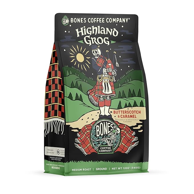Bones Coffee Company Highland Grog Ground Coffee Beans 12 oz and Bones Cups Highland Grog 12 ct Bundle