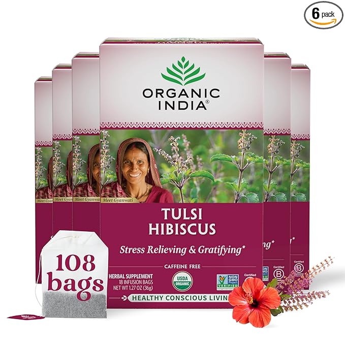 Organic India Tulsi Hibiscus Tea Bags - Holy Basil Herbal Tea Stress Relieving Immune Support USDA Organic Calming Caffeine Free- 18 Bags 6 Pack