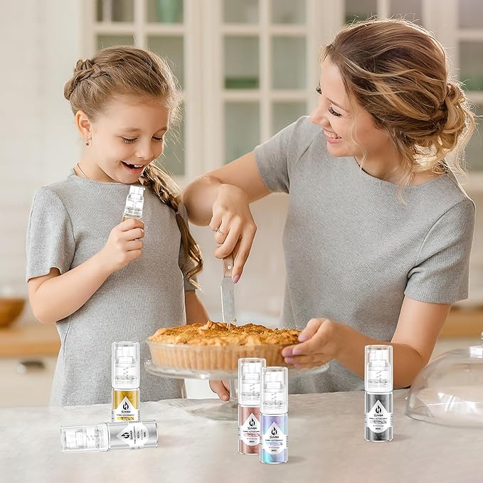 Edible Glitter Spray Set - 5 Colors Iridescent Gold Silver White &amp Rose Gold Food Grade Shimmer Powder Metallic Edible Spray Glitter for Cakes Cookies Chocolate &amp Strawberries 5g/Bottle