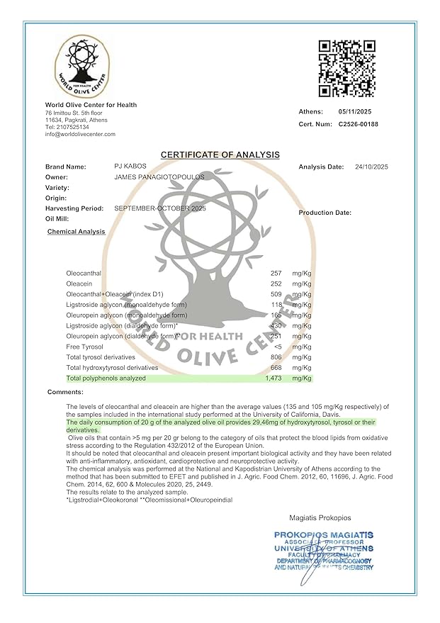 P.J. KABOS 2025/26 Fresh Harvest Extremely High Phenolic (900+ mg/kg) USDA Organic Greek Extra Virgin Olive Oil Kosher Cold Extracted 16.9oz Glass Bottle PJ KABOS “Family Reserve Organic - Pheno