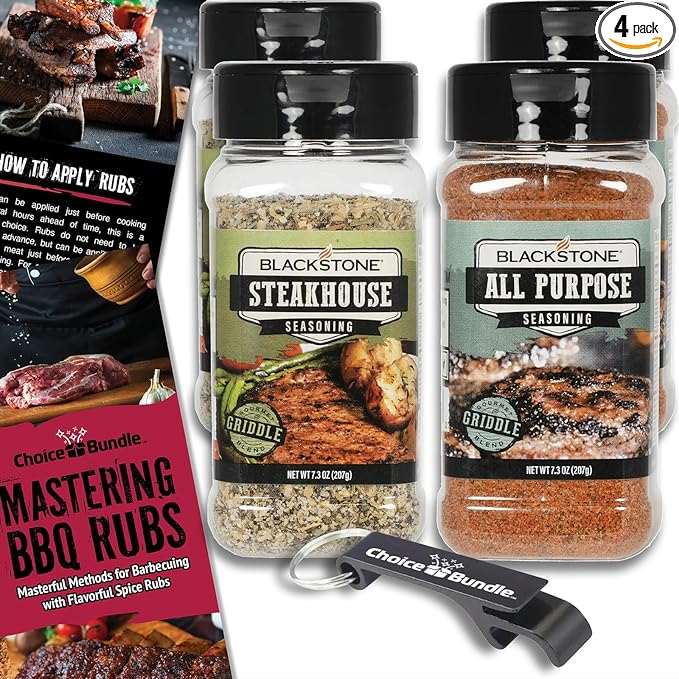 Blackstone All Purpose (AP) &amp Steakhouse Savory Seasoning – Gourmet Griddle Premium BBQ Barbecue Rub 4 Pk Choice Bundle (29.2 oz) + BBQ Guide &amp Opener (6 Items)!