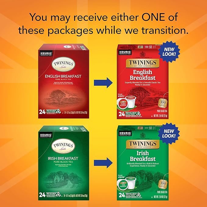Twinings English Breakfast Black Tea K-Cups for Keurig 24 Count (Pack of 1) + Irish Breakfast Black Tea K-Cups for Keurig 24 Count (Pack of 1)