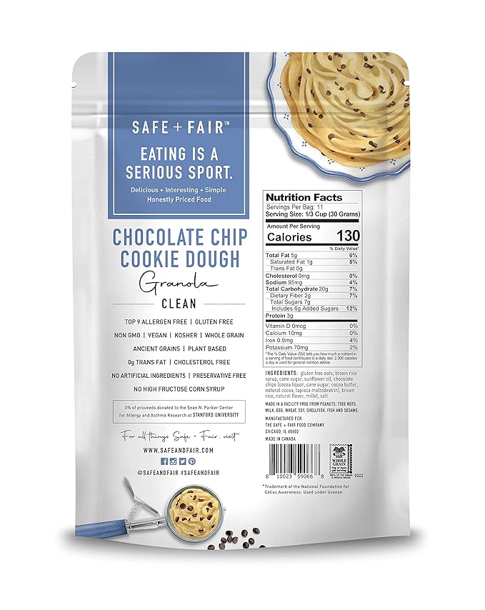 Safe + Fair Chocolate Chip Cookie Dough Granola – Gluten-Free Dairy-Free &amp Vegan Snack – Allergen-Free Non-GMO and No Artificial Ingredients – 12oz Pack 6 Pack