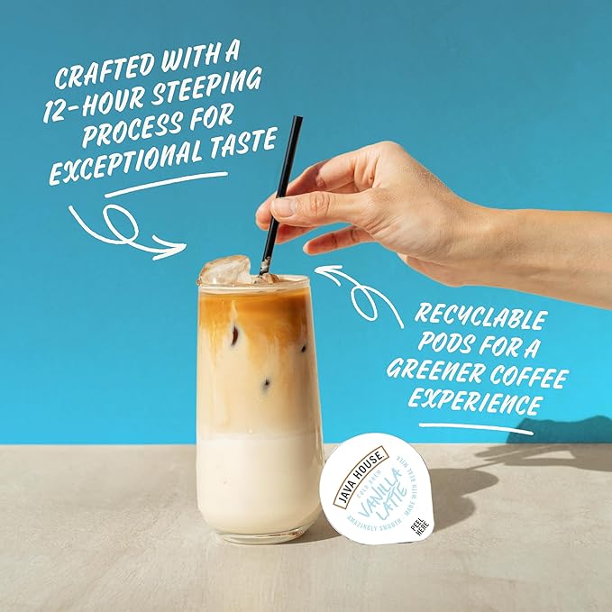 JAVA HOUSE French Vanilla Latte Cold Brew Coffee Pods (48 Count) Peel and Pour Pods Hot or Iced