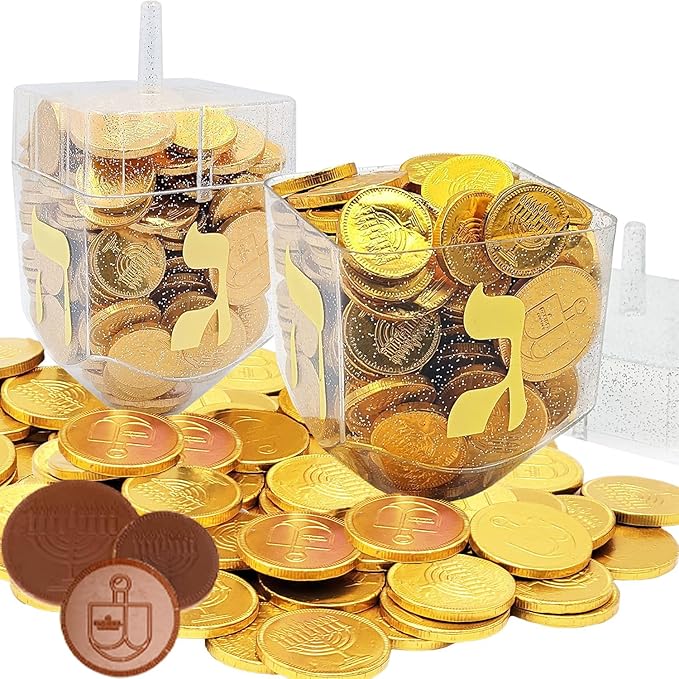 Jumbo Hanukkah Dreidel Filled with Chocolate Gelt Coins 80 Chocolate Half Dollar Coins Chanukah Gelt Kosher (8-Pack)