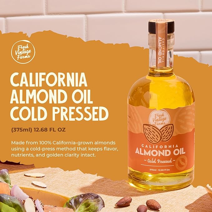 Fresh Vintage Farms 100% Cold Pressed Sweet Almond Oil | Nutrient-Rich Healthy Cooking Oil for Cooking Baking Grilling Dipping &amp Salads | Cold Pressed Almond Oil - 12.68 Fl oz Pack of 6