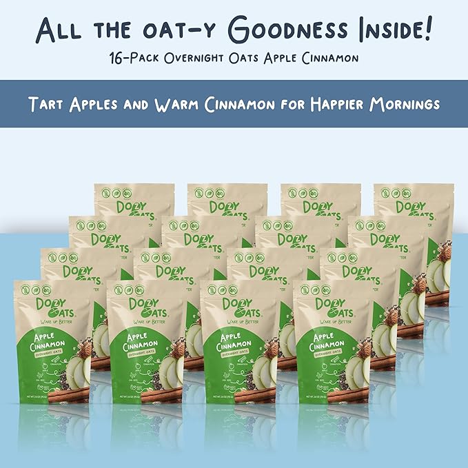Dozy Oats Overnight Oatmeal Packets Apple Cinnamon Multipack with Rolled Oats Chia Seeds Date Powder and Dried Fruit. Gluten-Free Natural Source of Protein and Fiber 16-Pack