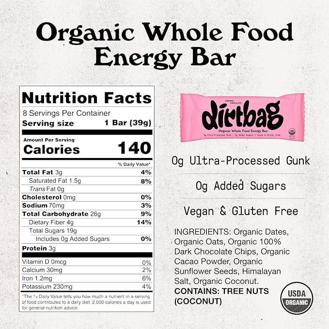 Dirtbag Bar Organic Whole Food Energy Bar with Clean Plant Protein Original Chocolate 8 Pack Dates Oats Nuts 100% Dark Chocolate NO Ultra-Processed Gunk Vegan &amp Gluten Free.