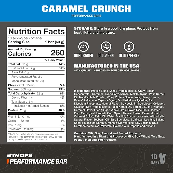 MTN OPS Protein Bars – High Protein Bar with 20g Whey Isolate &amp Collagen Low Sugar Gluten-Free Protein Snack Caramel Crunch 10 Bars