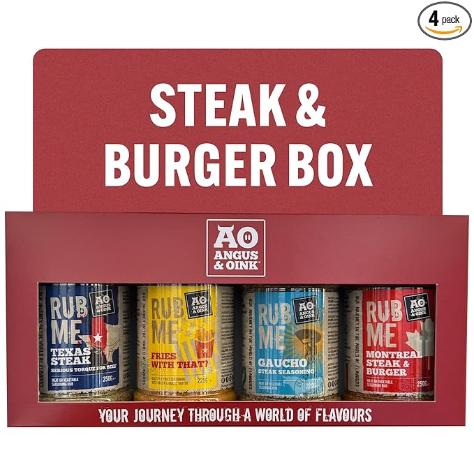 Angus &amp Oink Gift Set | Steak &amp Burger Gift Box | 1 x Texas Steak SPG 250G | 1 x Fries With That? 225G | 1 x Gaucho Chimmichuri Seasoning 220G | 1 x Montreal &amp Burger 250G | BBQ Seasonings