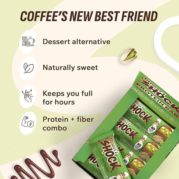 FitnesSHOCK Protein Bars – Pistachio &amp Dark Chocolate – Low Sugar Protein Snack (1g Total Sugar) – Dessert Alternative – 12 Count – 180 Calories – 12x50g