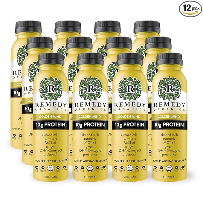 Remedy Organics Golden Mind 12-Pack | Plant Based Protein Shakes Ready to Drink | USDA Organic Gluten Free Dairy Free Soy Free