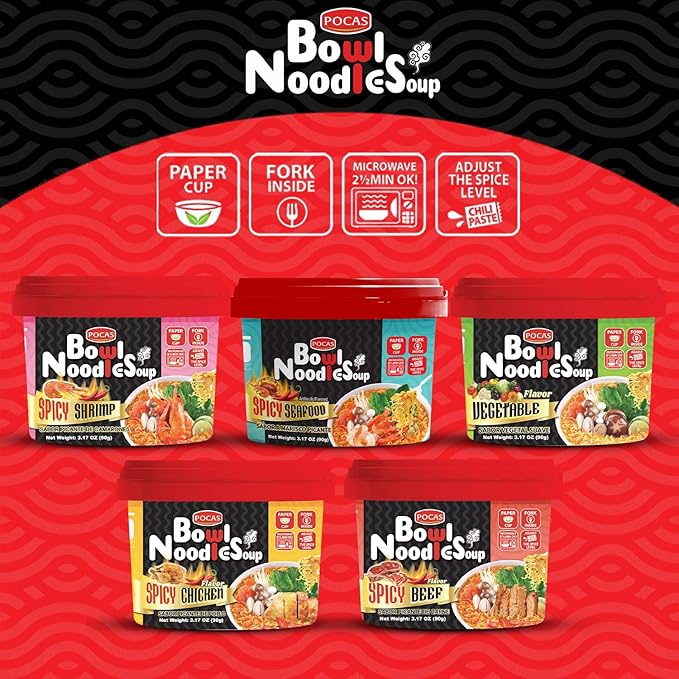 Pocas Bowl Noodle Soup Spicy Chicken 12-Pack Microwavable Instant Noodles Bowl 3.17 Oz Ea