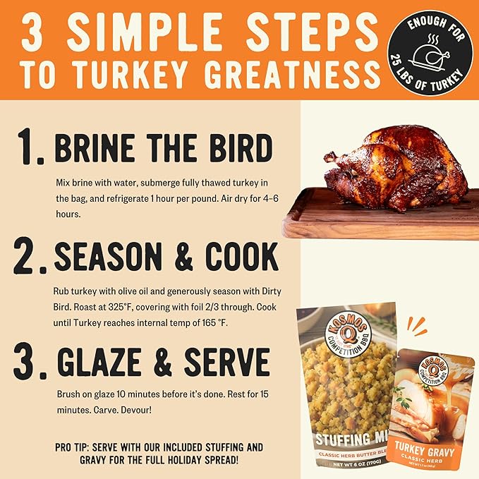 Kosmos Q Ultimate Turkey Brine Kit With Brine and Brining Bag Dirty Bird Rub Cherry Apple Habanero BBQ Glaze Gravy and Stuffing Bags &amp Recipe Card Full Set for Cooking or Smoking Holiday Meal