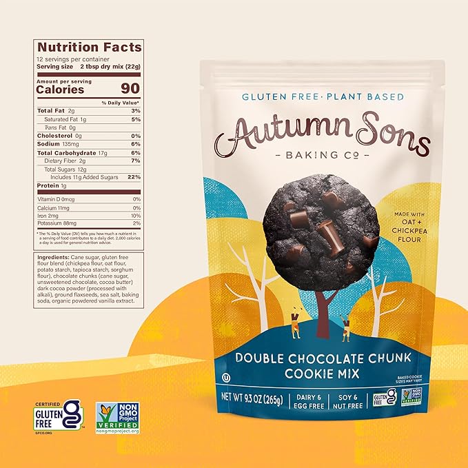 Autumn Sons Baking Co. Gluten Free Double Chocolate Chunk Cookie Mix. Vegan Plant Based Baking Mix. Top 9 Allergen Free. Dairy Free Nut Free Soy Free Non GMO 9.3 oz (Pack of 3)
