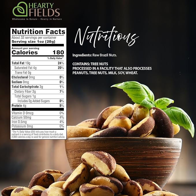 Hearty Fields - Raw Brazil Nuts Unsalted No Shell Whole (32 Oz - 2 LB) Wholesome In Nature - Hearty In Nurture Healthy Protein Food Snack Food Assortments