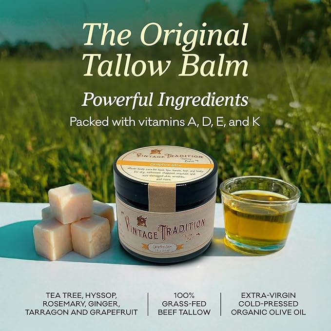 Vintage Tradition Beef Tallow All Purpose Balm - Healing Hydrating Warm Ginger Skin Care Salve Replaces Body Lotion Hand Cream More - Essential Oil Olive Oil and Grass-Fed Tallow 2 fl. oz.