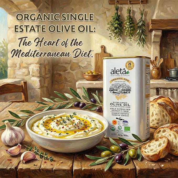 Aleta Organic &amp PDO Extra Virgin Olive Oil 2025 Gold Award Certified Single Estate Crete Greece First-Cold Press 1 Lt (33.8 oz.) Tin Pack of 2