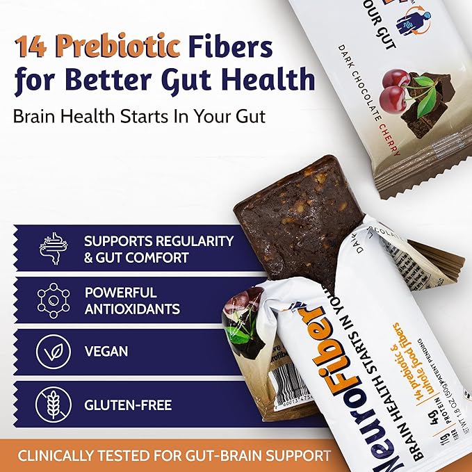NeuroFiber Prebiotic Fiber Bars – Gut Health Constipation Relief &amp Brain Function Support – Plant-Based Gluten Free Vegan (Dark Chocolate Cherry - 14 Bars)