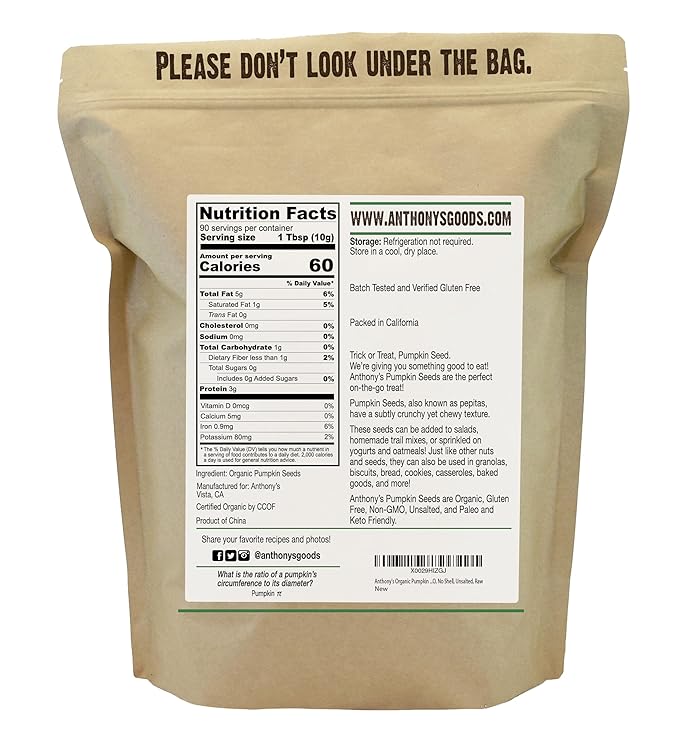 Anthony's Organic Pumpkin Seeds 2 lb Gluten Free Non GMO No Shell Unsalted Raw (Pack of 2)