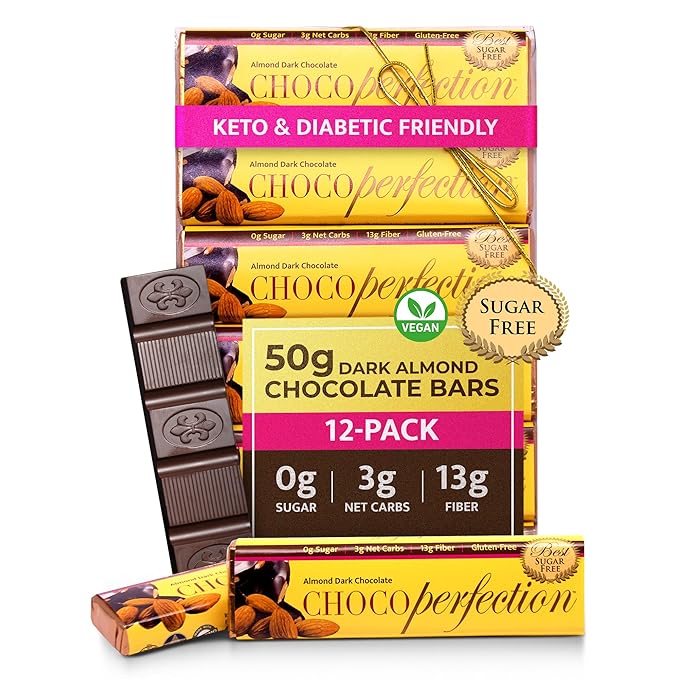 ChocoPerfection Dark Almond Sugar Free Chocolate Gift Box of 12 50g Bars