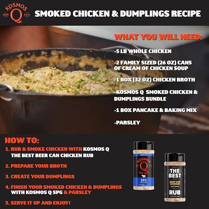 Kosmos Q Smoked Chicken &amp Dumplings Bundle - Gourmet Rubs w/Smoky &amp Spicy BBQ Flavor - Classic Family Recipe with Bold BBQ Kick