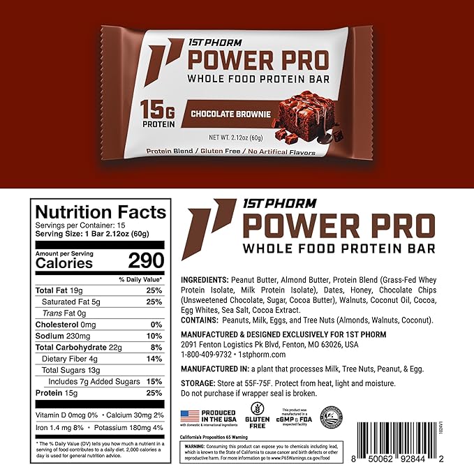 1st Phorm Power Pro Protein Bars Chocolate Brownie Flavor 15G Whole Food Protein Gluten Free Snack Bars for on the Go or Pantry Snacks Made Without Artificial Flavors 15 Count