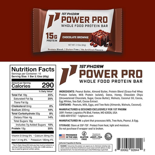 1st Phorm Power Pro Protein Bars Chocolate Brownie Flavor 15G Whole Food Protein Gluten Free Snack Bars for on the Go or Pantry Snacks Made Without Artificial Flavors 15 Count