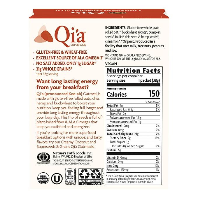 Nature's Path Organic Qi'a Cinnamon Pumpkin Seed Instant Oatmeal 8 oz (Pack of 6) Gluten Free Non-GMO