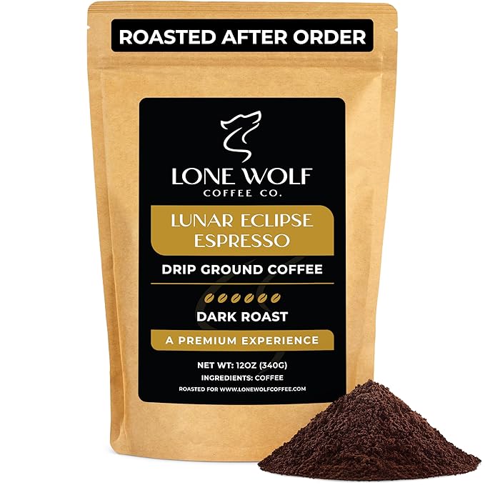 Lunar Eclipse Espresso - Freshly Roasted After Your Order – Specialty Grade Low Acid Artisanal Dark Roast Drip Ground Coffee No Bitterness Ethically Sourced 12OZ Compostable Bag
