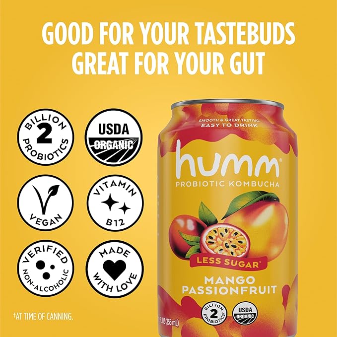 Humm Probiotic Kombucha The Original Variety 12 Pack Organic 2 Billion Probiotics for Gut Health Mango Passionfruit Blueberry Mint and Strawberry Lemonade