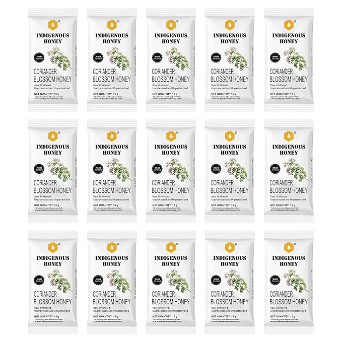 INDIGENOUS HONEY Organic Coriander Honey Natural Raw Pure Unprocessed Added Sugar Free NMR Tested Unpasteurized Unheated 15 Gift Sachets 15g Each Total 225g