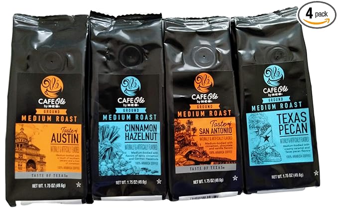 Cafe Ole Gourmet Ground Coffee Sampler Bundle (4 Flavors 1.75 oz Each) – Texas Pecan Taste of Austin Taste of San Antonio Cinnamon Hazelnut
