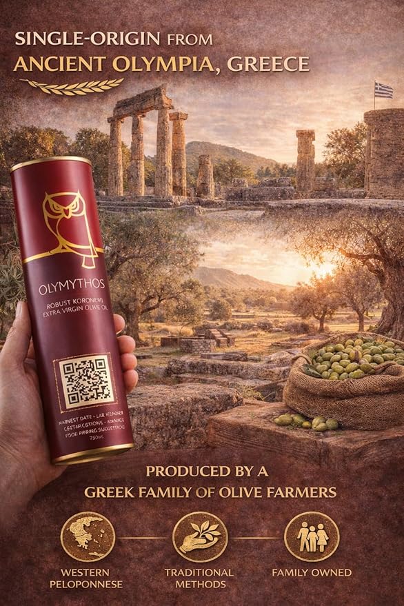 OLYMYTHOS Koroneiki Robust Extra Virgin Olive Oil - Polyphenol Rich (637 MG/KG) - World's Best Gold Award - 60X MORE Hydroxytyrosol Polyphenols - Single Origin - 750 ml (25.36 fl oz)