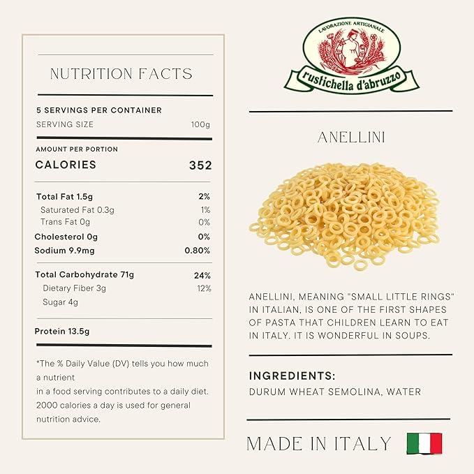 Rustichella d'Abruzzo Durum Wheat Anellini Pasta - 17.6 oz (2 Pack)