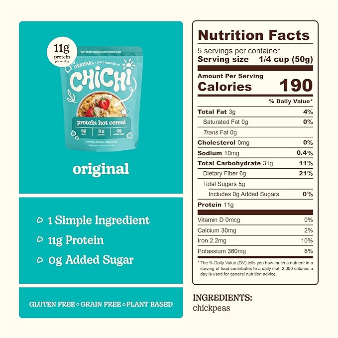 ChiChi Protein Hot Cereal Made with Chickpeas | Original (Plain) (8.8 oz x 4 pouches 20 servings) —Protein-packed (11g) High Fiber 0g Added Sugar Made with Simple Ingredients Grain Free Gluten F