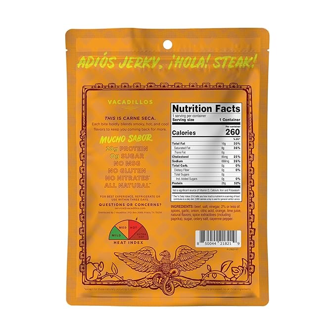 Vacadillos - High Protein Carne Bites | 28g Protein Sugar Free Carbs Free Gluten Free Dairy Free Keto &amp Paleo Friendly | Mexican Inspired Beef Jerky Snack | Habanero Pack Of 4