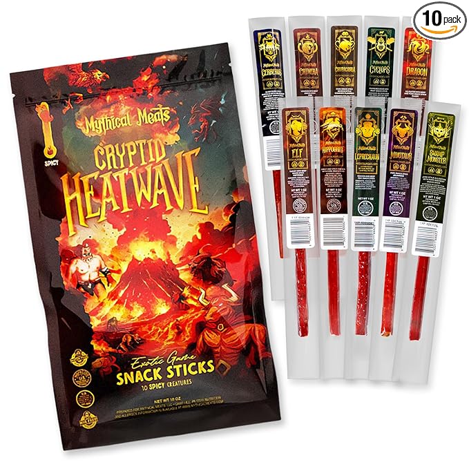 Mythical Meats Cryptid Heatwave Spicy Variety Pack – 10 Legendary Exotic Game &amp Beef Snack Sticks – Dried &amp Dehydrated Meats Seasoned to Perfection – Spicy Flavors Low Sugar &amp High Protei