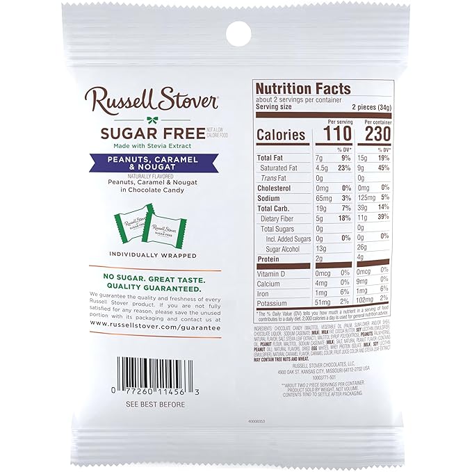 RUSSELL STOVER Sugar Free Peanut Caramel &amp Nougat Chocolate Candy 2.4 oz. bag (Pack of 10)