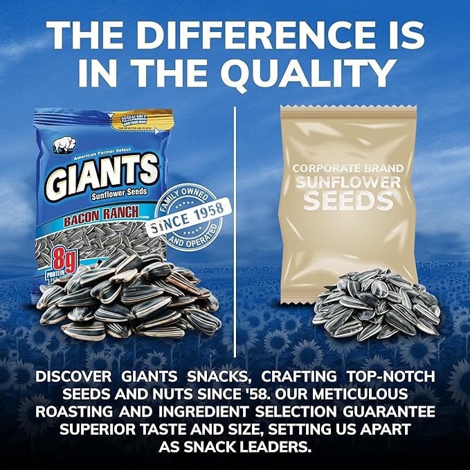 Giants Bacon Ranch Sunflower Seeds Bulk - Flavored Sunflower Seed Snack Roasted Sunflower Seeds to Eat - 5 oz Resealable Bags (Pack of 12)