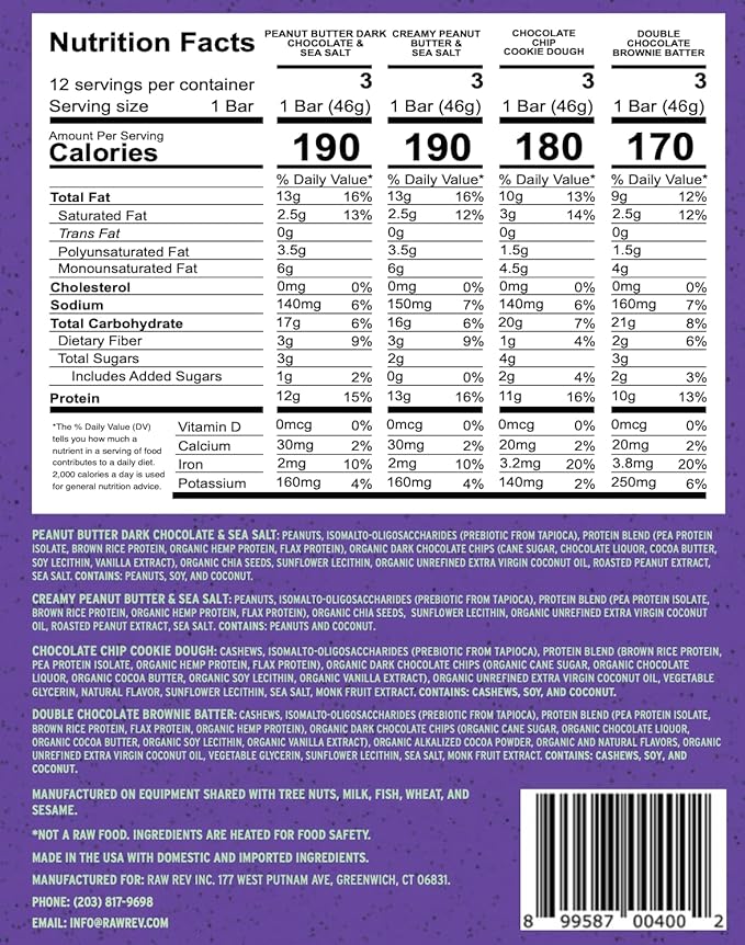RAW REV Vegan Protein Bars Variety Pack - 12 bars Non-GMO Plastic-Neutral Nothing Artificial Glo Formula Gluten-Free Keto-Friendly Paleo Kosher No Sugar Alcohols No Stevia