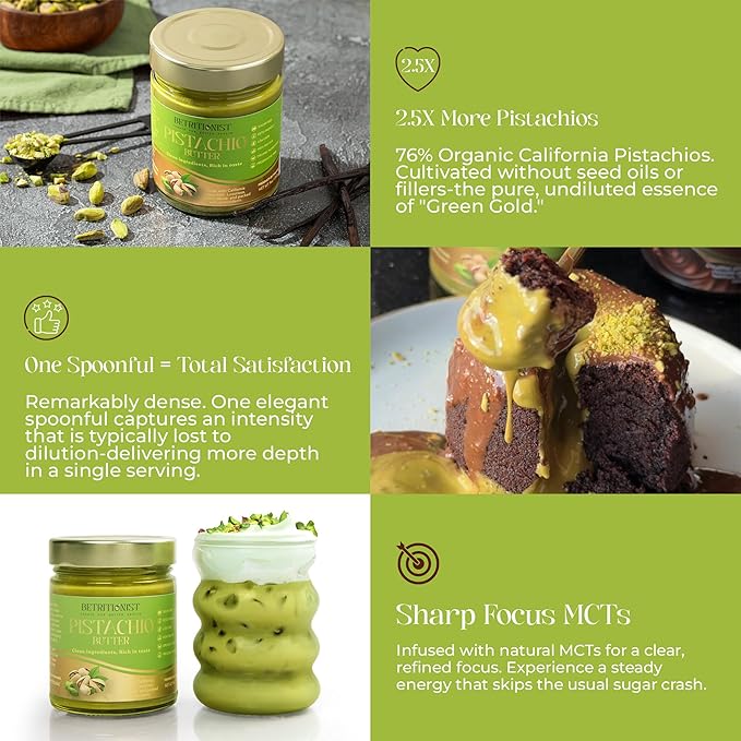 Betritionist 76% Pistachios CreamNaturally Sweet 0 calorie sugar Clean energy boost9ozMade with MCT oil Dairy Free Vegangood for gut health SpreadPerfect for Bakery Desserts Coffee Smoothi