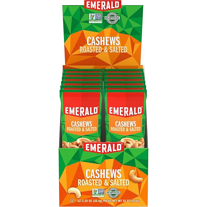 Emerald Nuts Roasted &amp Salted Cashews 12 Ct (1-Pack) 1.25 Oz Individual Snack Tubes Plant-Based Protein Kosher Certified Non-GMO Contains No Artificial Preservatives Flavors or Synthetic Col